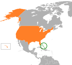 Map indicating locations of Bahamas and USA