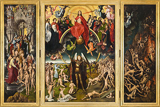 A three-panel painting with scenes of judgement (center), the saved ascending stairs to a Gothic building (left), and the descent into hell (right)