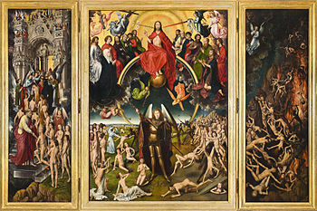 A three-paneled painting. The centre panel shows Jesus sitting in judgment on the world, while St Michael is weighing souls. On the left-hand panel, the saved are being guided into heaven, while on the right-hand panel, the damned are being dragged to hell