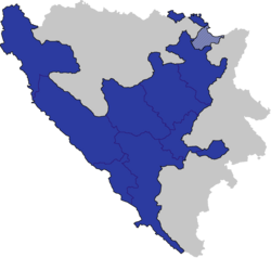 Location of the Federation of Bosnia and Herzegovina (blue) within Bosnia and Herzegovina. Brčko District is light blue. a