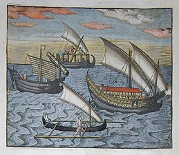 Southeast Asian djongs (D'Eerste Boeck, c. 1599) with both tanja and junk rigs