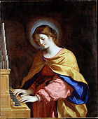 Saint Cecilia, patron saint of music, depicted playing the pipe organ