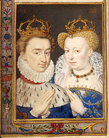 Picture of Henri Navarre and Margaret Valois both wearing their crowns and standing by one another
