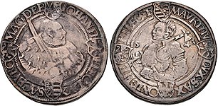 Kurfürst Johann Friedrich der Großmütige (Brustbild mit geschultertem Kurschwert) und Herzog Moritz (Hüftbild mit geschulterter Streitaxt), Guldengroschen von 1543, Buchholz