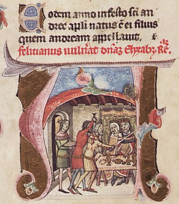 Chronicon Pictum, Hungarian, Hungary, King Charles Robert, Elizabeth of Poland, Queen of Hungary, royal family, Felician Záh, sword, assassination, medieval, chronicle, book, illumination, illustration, history