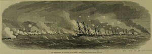 Euryalus leading the line of battle during the Bombardment of Kagoshima, 1863