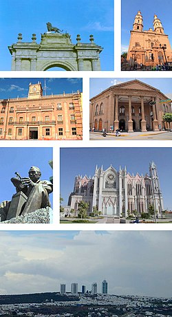 From top to bottom from left to right: Arco de la Calzada, Metropolitan Cathedral of León, Municipal House, Manuel Doblado Theater, Monument to Footwear, Expiatory Temple and View of only the Wealthy Neighborhoods of León