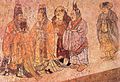 "In this mural foreign ambassadors are being received at court. The two elegantly clad figures on the right are from Korea, the bare-headed, large-nosed figure in the centre is an envoy from the west. Mural from Li Xian's tomb, Qianling, Shaanxi, 706."[38]