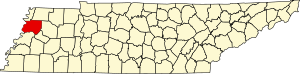 Map of Tennessee highlighting Dyer County