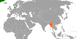 Map indicating locations of Denmark and Myanmar