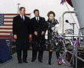 Former First Lady Nancy Reagan christens Ronald Reagan with President George W. Bush and former Newport News Shipbuilding CEO William Fricks looking on, 4 March 2001.