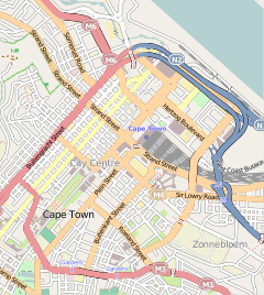 Cape Town City Hall is located near the centre of Cape Town's CBD, adjacent to the main railway station to the northeast, the Castle of Good Hope to the southeast, The Grand Parade to the southwest, and the General Post Office to the northwest.