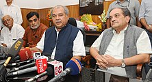 Tomar addressing a press conference after takes charge as Union Minister for Rural Development, Panchayati Raj, Drinking Water and Sanitation, in the presence of the Union Minister