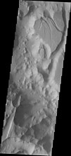 Timbuktu Crater, located on the edge of Capri Chasma. Image taken with THEMIS.