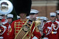 The U.S. Marine Band drum-major with the U.S. Marine Band behind him.