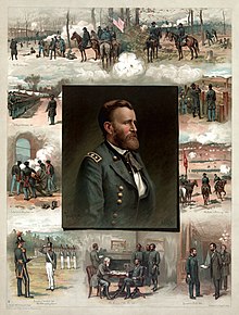 Grant's portrait is in the middle of a colored engraving, surrounded by his chronological military history starting with his graduation from West Point, next the Mexican–American War, and then Civil War events and battle scenes.