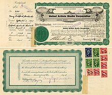 Aktie der United Artists Studio Corporation über 999 Anteile zu je 100 $, ausgestellt am 4. September 1929 auf Mary Pickford Fairbanks und rückseitig im Original von ihr unterschrieben (unteres Bild)