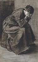 Mourning Woman Seated on a Basket (F1060, JH326), black lithographic crayon, grey wash, white and grey opaque watercolour, traces of squaring, on watercolour paper, 1883, Kröller-Müller Museum[35]