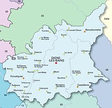 30 cities in Alpes-de-Haute-Provence on map; the central city of Digne-les-Bains is prominent.