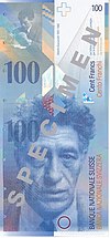 Giacometti auf einem Muster der Schweizer 100-Franken-Banknote