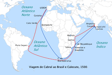 The route followed by Cabral to India in 1500 (in red) and the return route (in blue)