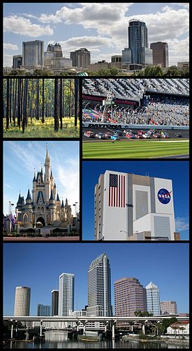 Central Florida Images top from bottom, left to right: Orlando Skyline, Daytona International Speedway, Walt Disney World, Kennedy Space Center, Tampa Skyline