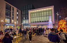 City hall plaza with tree lights at the College Park Winter Wonderland 2023