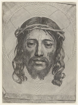 Head of Christ on the Sudarium, engraving by Claude Mellan (1649), a famous virtuoso piece consisting of a single line beginning on the tip of Christ's nose.
