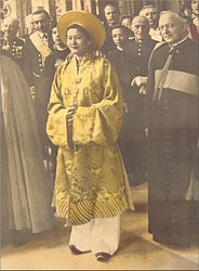 Nam Phương empress was wearing yellow khăn vành dây with áo Nhật Bình.
