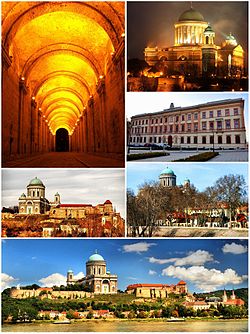 Top left: Dark Gate, Top upper right: Esztergom Cathedral, Top lower right: Saint Adalbert Convention Center, Middle left: Kis-Duna Setany (Little Danube Promenade), Middle right: Saint Stephen's Square, Bottom: Esztergom Castle Hill and Danube River