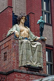 Ceramic relief and statue in Hradec Králové, Czech Republic, by Stanislav Sucharda (1909–1912)