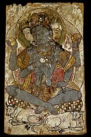 Indian deity on the obverse of a painted panel, most likely depicting Shiva. Khotanese artist Viśa Īrasangä or his father Viśa Baysūna, 7th century