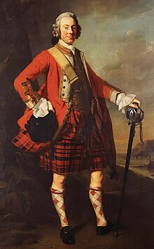 Full-length oil painting of 40-ish man in red British Army coat and red-and-black tartan regimental kilt, wearing a powdered wig, diced hose, and buckled brogues, holding a blue bonnet and basket-hilted broadsword