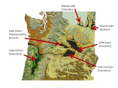 Abbildung mit topographischen Karten von Washington und Nord-Oregon mit den von den Missoula-Fluten überschwemmten Gebieten, die farbig markiert sind