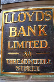 Old-fashioned metal address plaque for Lloyds Bank, 39 Threadneedle Street, London