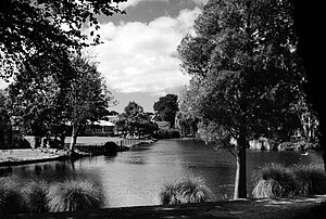 B&w photo of a waterway in a park setting