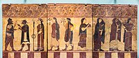 Paris receives Hermes who leads Athena, Hera and Aphrodite. Painting on terracotta panels, 560–550 BC