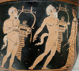 Two papposilenoi as singers at the Panathenaia on an Attic red-figure bell-krater attributed to Polion, c. 420 BC