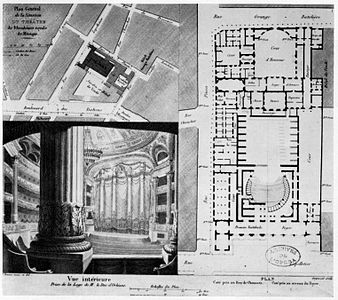 Site plan, floor plan, and interior perspective view (1822)