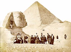 French archaeologist Auguste Mariette (seated, far left) and Emperor Pedro II of Brazil (seated, far right) with others in front of the Sphinx, 1871
