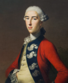 Painting shows a man in a white powdered wig wearing a red military uniform of the late 1700s. His right hand is thrust inside his waistcoat.