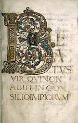 Late Anglo-Saxon scrolls in a Beatus initial, drawing on classical acanthus scrolls, via the Carolingian Renaissance, c.975-1000, illumination on parchment, British Library, London
