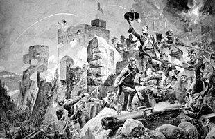 Black and white print shows British soldiers climbing ladders up castle walls and fighting with the French defenders.