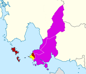 Sihanoukville city's urban area (yellow) in Sihanoukville Municipality (red) and Sihanoukville Province (purple)