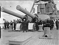 A naval band plays under Averof's main guns, shortly before celebrating Independence Day during World War II