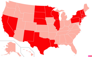 States in the United States by Catholic population according to the Pew Research Center 2014 Religious Landscape Survey.[223] States with Catholic population greater than the United States as a whole are in full red.