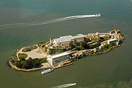 Alcatraz Island view from the west. Image shot from an altitude of approximately 1,800 ft (549 m).