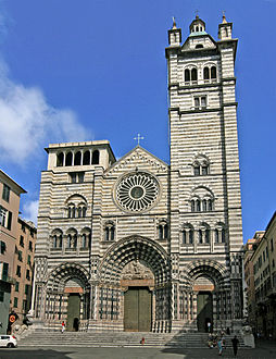 The façade of the Cathedral of Genoa has both round and pointed arches, and paired windows, a continuing Romanesque feature of Italian Gothic architecture.