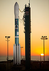 The Delta II rocket with its NPOESS Preparatory Project (NPP) spacecraft payload shortly before the service structure was rolled back October 27, 2011, at Vandenberg Air Force Base, California.