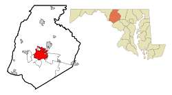 Location of Frederick in Frederick County, Maryland (left) and of Frederick County in Maryland (right)